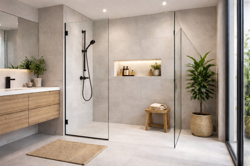 Moderne Walk-in-Dusche in einem neuen Bad