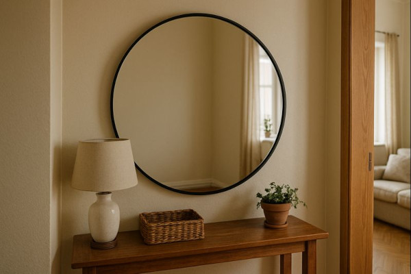 Runder Spiegel hängt im Flur einer gemütlichen Wohnung