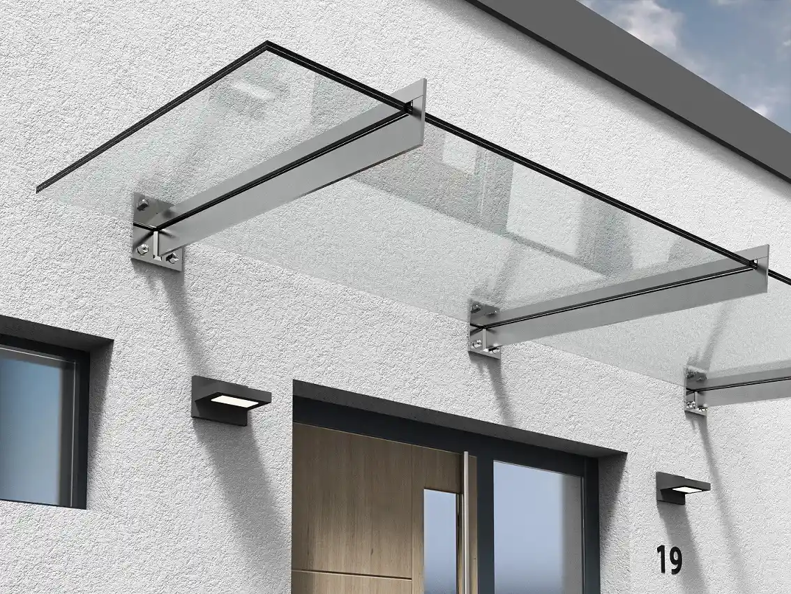 Haustürvordach Klarglas mit 3 Schwertträgern Glasvordach an Haustür mit 3 Schwertträgern